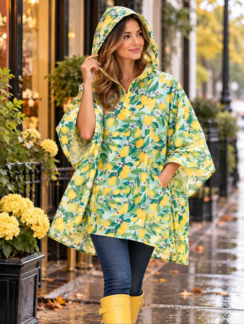 NWT!Vera Bradley Rain Poncho Lemon-Grove Print PACKABLE Travel friendly SZ S-M